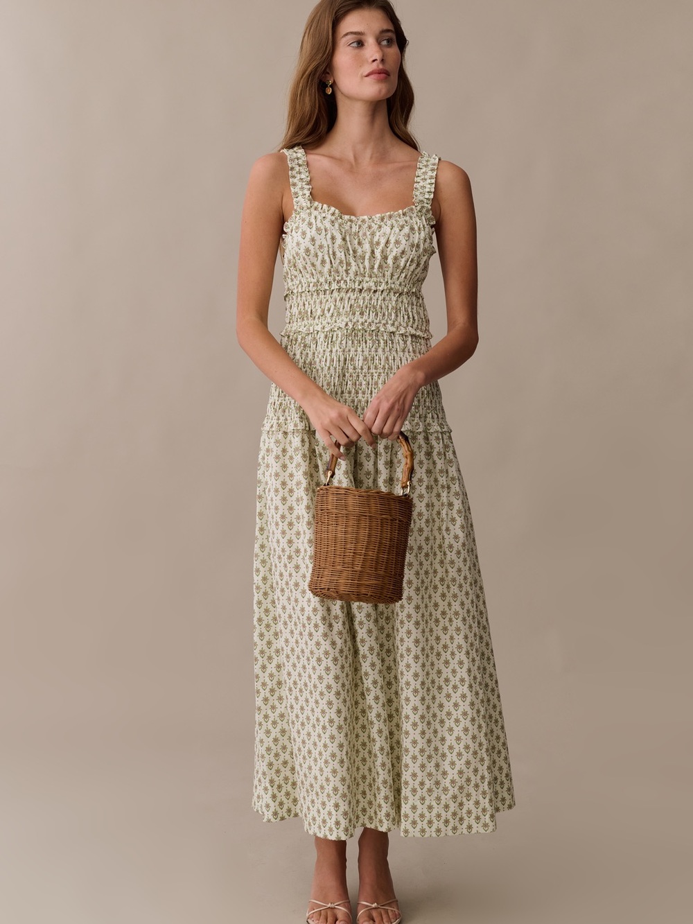 o.p.t Freya Cotton Dress Smocked Dress in Light Green Floral NWT Sz Small